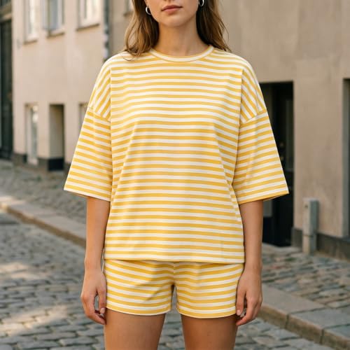 Image of RUEWEY Women Striped Pajama 3 /4 Sleeve Crew Neck Tops Shorts Lounge Set Pjs