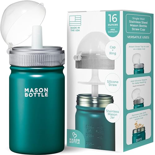 Image of Mason Kids Jar 16oz Stainless Steel Sippy Cup with Lid and Straw - BPA-Free, Spill Proof Green