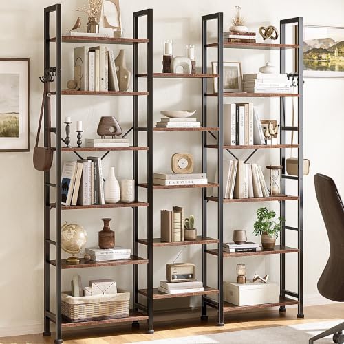 Image of Furologee Triple Column 6 Tier Bookshelf, Large Bookcase with 17 Display Shelves, Wide Book Shelf with 6 Hooks, Adjustable Rustic Bookshelves Storage Organizer, Shelving Unit for Living Room, Office