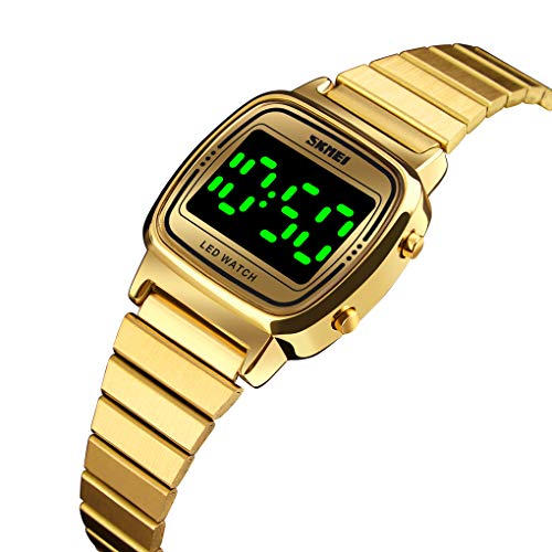 Digital Watch Womens Thin Gold Stainless Steel Watch Backlight Timer Waterproof Alarm Clock LED Sports Watch (Led Gold)2