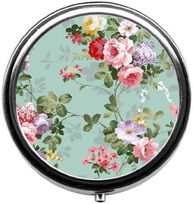 Vintage Floral Custom Round Silver Pill Box Pocket 2.1 inches Medicine Tablet Holder Organizer Case for Purse