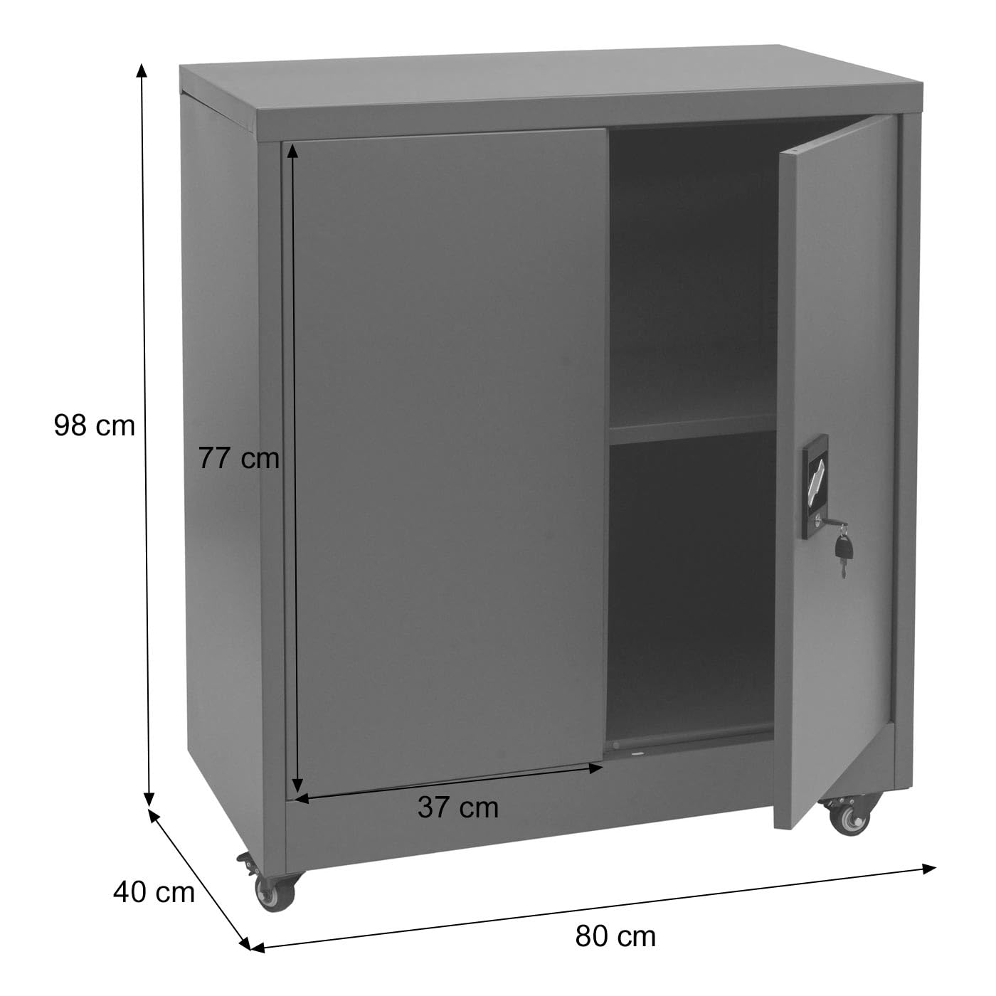 Aktenschrank HWC-O50, Büroschrank Stahlschrank mit Rollen, 2 Türen abschließbar, Stahl 98x80x40cm - dunkelgrau