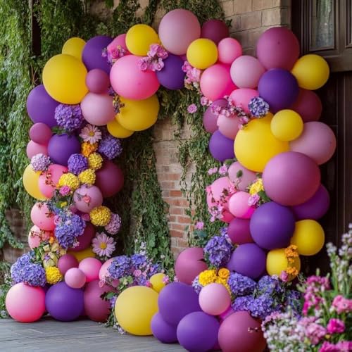 Image of Pink Purple Balloon Arch Double Stuffed Hot Pink Yellow Balloons Different Size Latex Magenta Balloon Garland for Happy Birthday Baby Shower Spring Wildflower Wedding Mexican Party Decorations