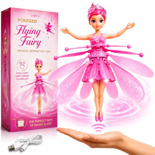 PCRZOZO Flying Fairy Doll for Girls USB Rechargeable Hand Sensor Hover Toy with LED Lights Gesture Controlled Flying Princess Toy Interactive Indoor Gift for Children Aged 6+ (Pink)
