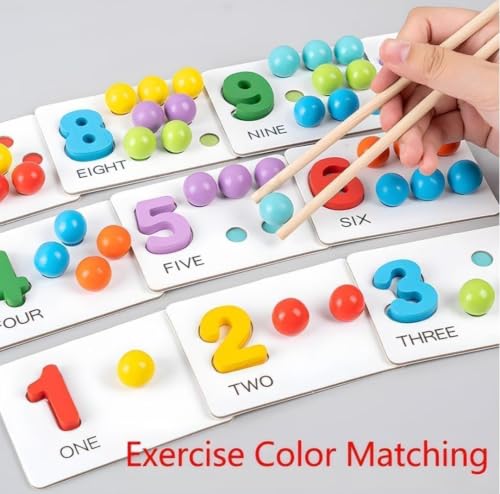 Image of Happy Hues Wooden Number Cognitive Bead Matching Game - Montessori Counting & Sorting Toy for Toddlers, Early Math Digital Operation Fine Motor Skills Boys & Girls Age 3+