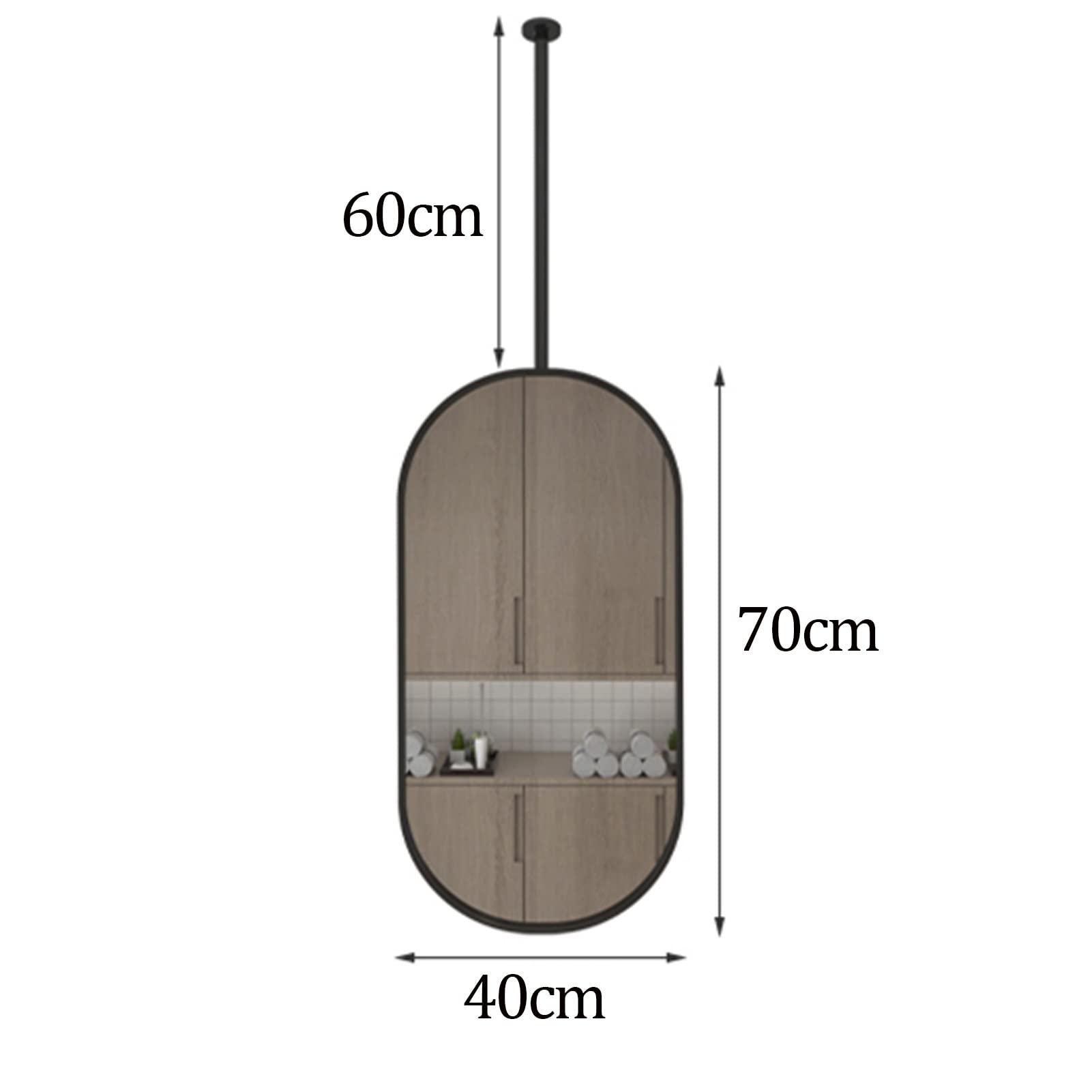 Ovale Deckenspiegel, hängende Stabspiegel mit Metallrahmen für Badezimmerwaschraum-Make-up-Rasier-Shop Hoteleingang Dekorativer Spiegel (Size : 40cmx70cm)