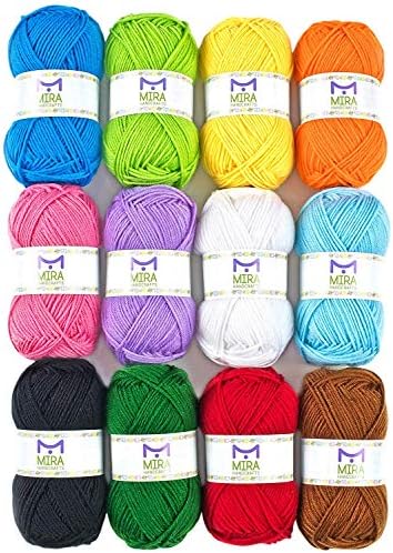 Mira Handcrafts Acrylic 1.76 Ounce(50g) Each Large Yarn Skeins – 12 Multicolor Knitting and Crochet Yarn Bulk – Starter Kit for Colorful Craft - 7 Ebooks with Yarn Patterns