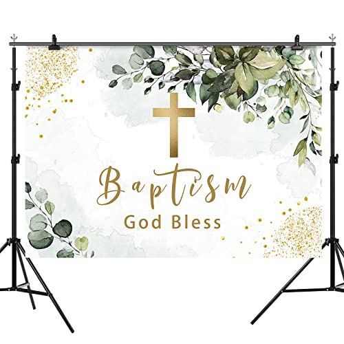 Rsuuinu Greenery Baptism Backdrop Green and Gold God Bless Photography Background First Holy Communion Green Leaves Watercolor Christening Party Supplies Decorations Banner Photo Booth Props 7x5ft by Rsuuinu - Image 4