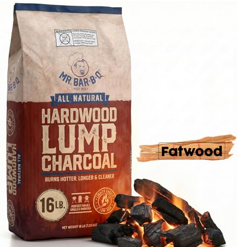 16 LB. Hardwood Lump Charcoal with FATWOOD by Mr. Bar-B-Q - Premium Natural Charcoal for Grilling, BBQ, Smoking, Kamado & Kettle Grills - Burns Hotter & Longer - Smoky Flavor, Easy to Light