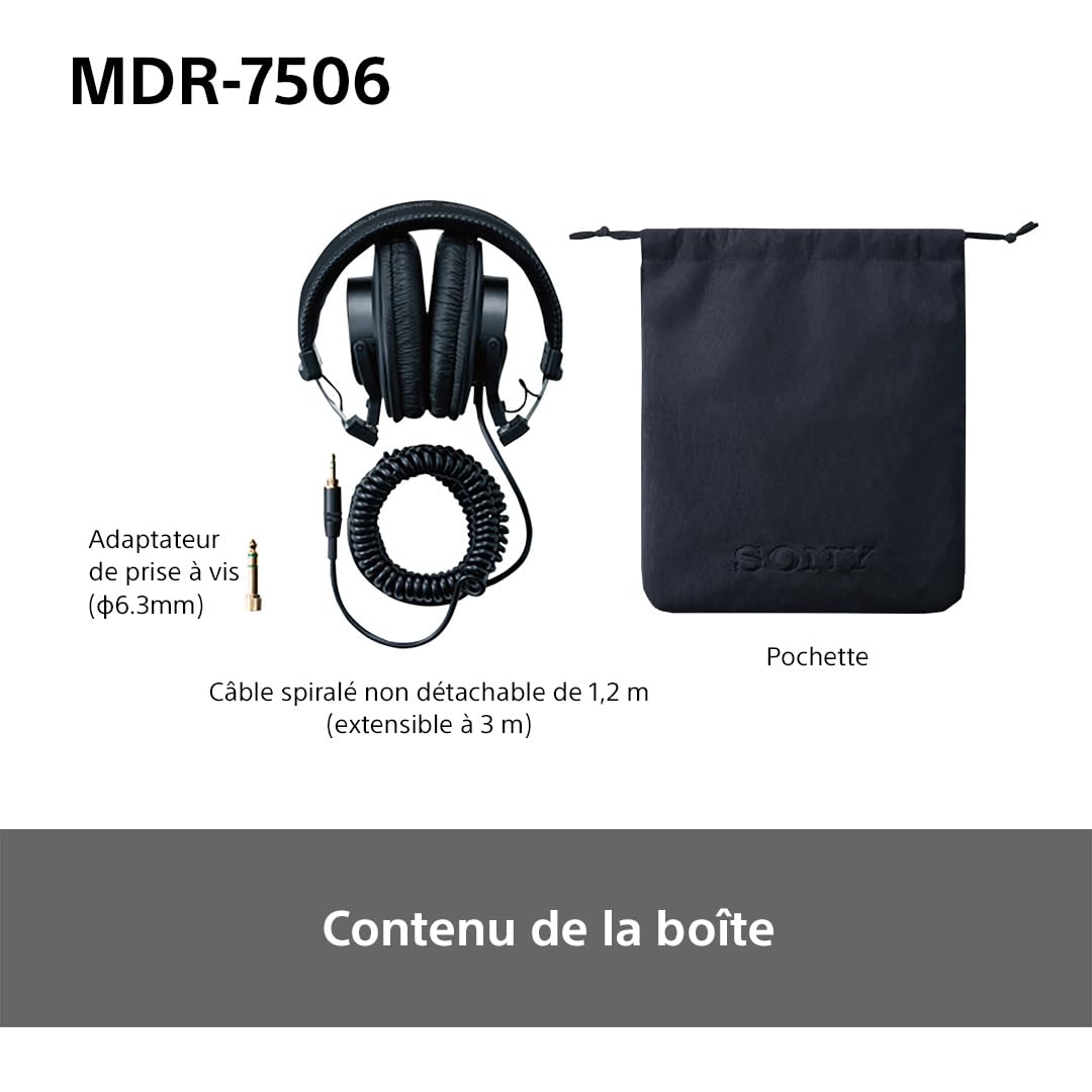 Sony MDR-7506, casque d'écoute studio fermé - filaire, gamme de fréquences 10Hz à 20kHz, idéal pour l'enregistrement et le mixage en studio, 63 Ohm, design léger et pliable (227g), noir