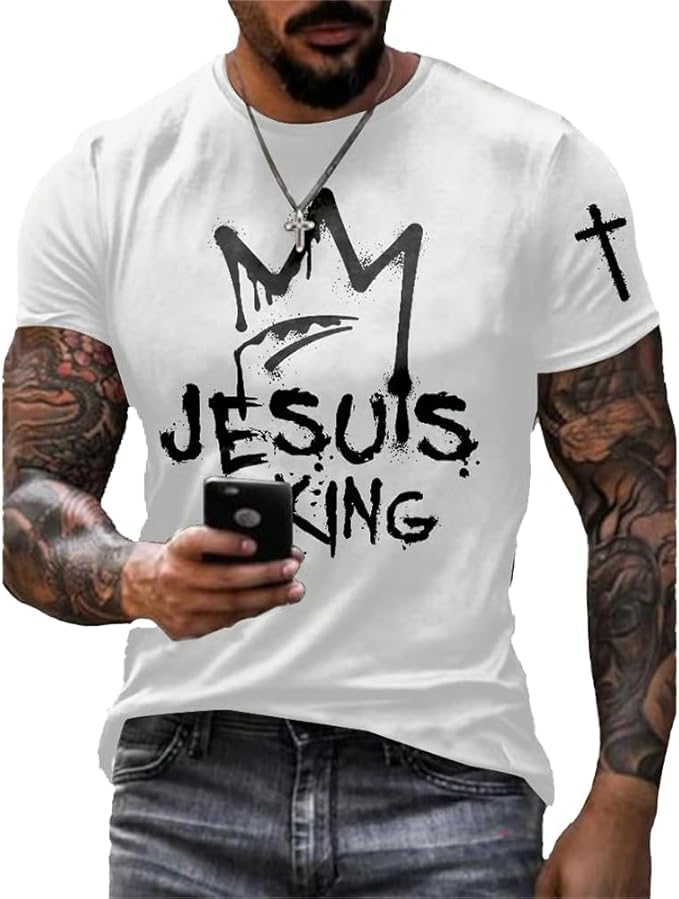 Men's Faith Cross Jesus is King Print T-Shirt Religious Tshirt