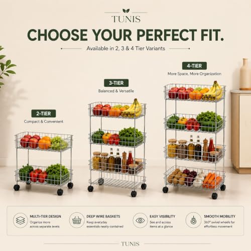 Image of TUNIS 4 Tier Stainless Steel Wire Storage Basket Trolley |Fruit & Vegetable Trolley with 360 Moving Wheels| Rack for Kitchen, Fruits, Vegetables & Grocery Storage, Movable Organizer Cart