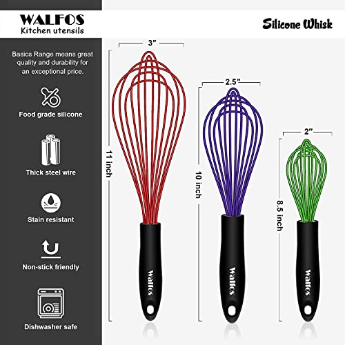 Walfos Silicone Balloon Whisk, Heat Resistant Non Scratch Coated Kitchen Whisks For Cooking Nonstick Cookware, Balloon Egg Wisk Perfect For Blending, Baking, Beating, Set Of 3 ,Red,Blue,Green #TOP6