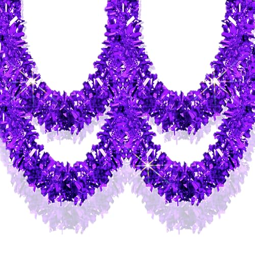 33 Ft Christmas Tinsel Garland Shiny Thick Purple Tinsel Decor Xmas Tree Decorations Metallic Twist Foil Garland for Christmas Halloween Birthday Mardi Gras Indoor Outdoor Party Supplies - Purple