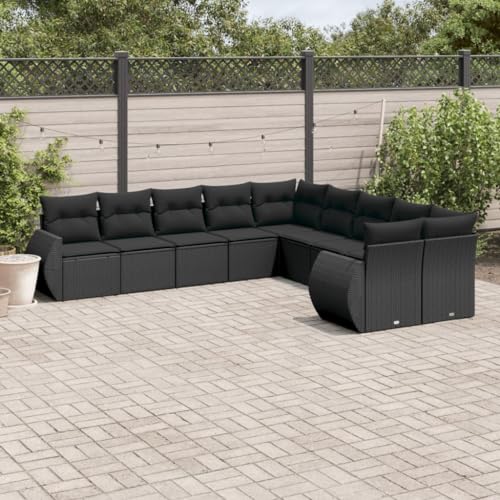 Hothingwell - Juego de sofás de jardín (10 piezas, color negro, sofá exterior con cojines gruesos y fundas extraíbles, muebles de jardín de resina trenzada modular para patio o terraza