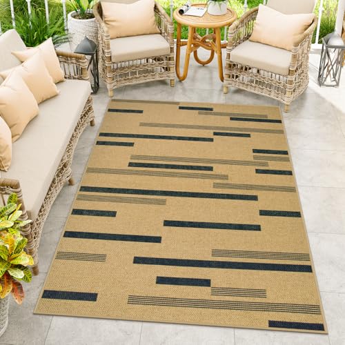 Sungea Modern Striped Easy Jute Outdoor Rug, 5x7 Patio Rug Non Slip Washable Mat for Living Room, Farmhouse Contemporary Indoor Floor Carpet for Bedroom Backyard Outside