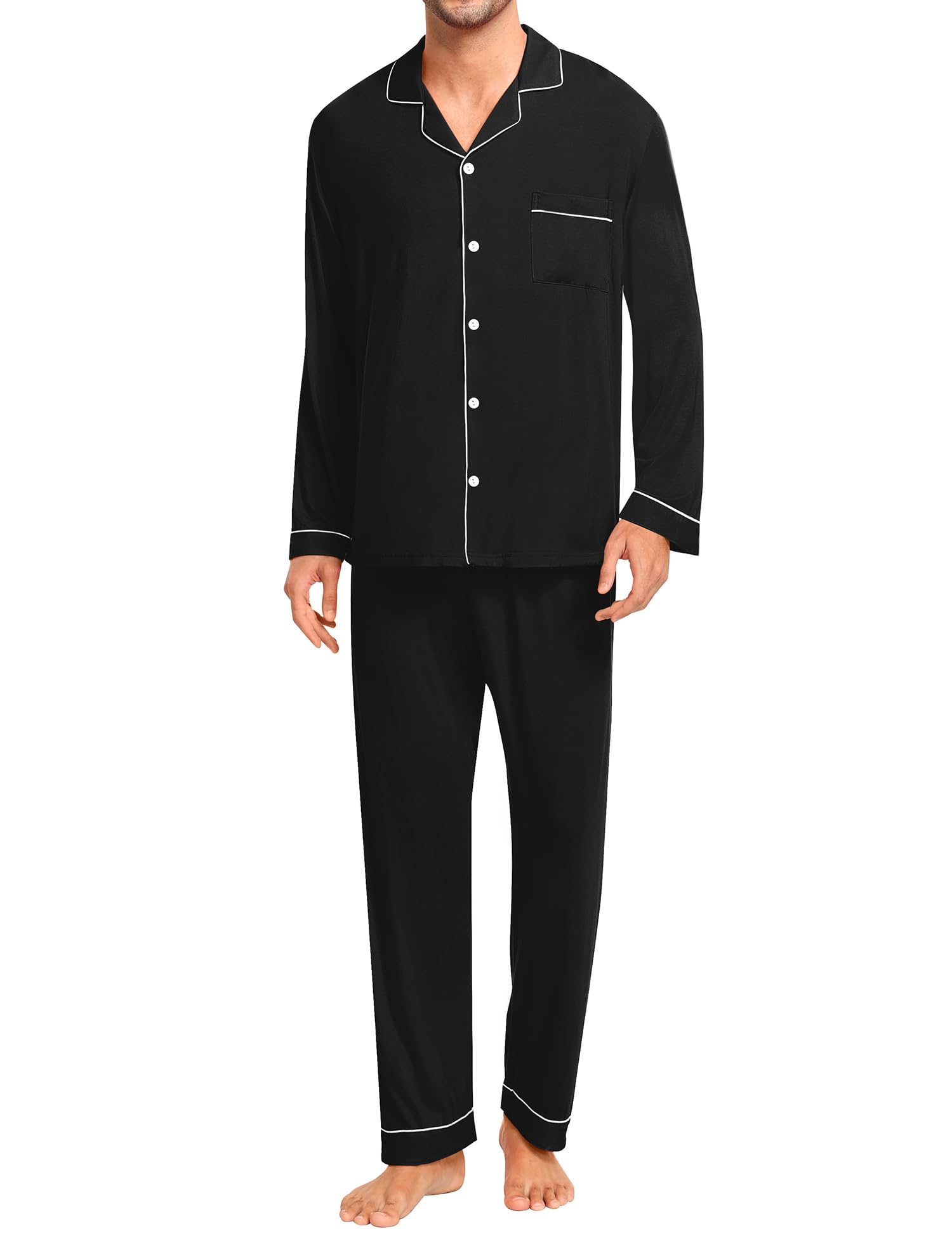 SWOMOG Men Pajamas Set Comfy Modal Pjs Button Down Sleepwear 2 Piece Long Sleeve Lounge Set Soft Nightwear with Pockets