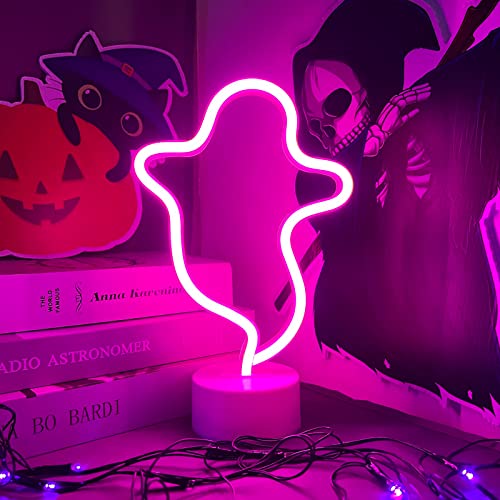Image of Halloween Ghost Neon Sign With Base Pink Led Light Sign for Wall Decor