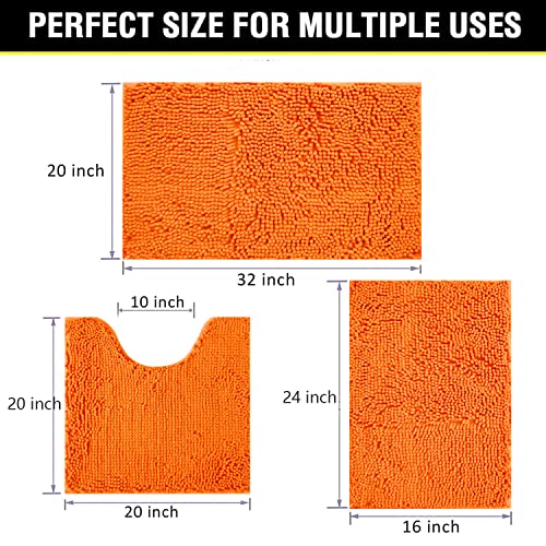 Image of Bathroom Rugs Chenille 3-Piece Extra Soft and Absorbent Shag Bathroom Rugs, Machine Wash Mat, Strong PVC Non-Slip Underside, Plush Carpet Mats (Orange)