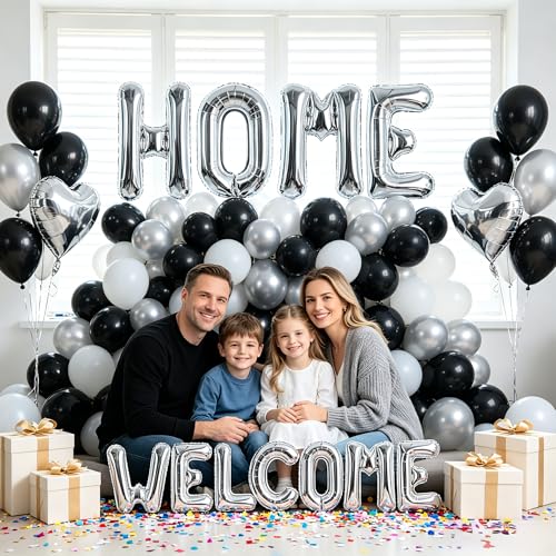 Image of TONIFUL 2 Size Silver WELCOME HOME Foil Letter Balloons Banner Decorations