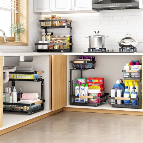 Image of PXRACK Under Sink Organizer, Adjustable Height, 2 Tier Pull Out Under Cabinet Organizer, Slide Out Thickened Metal Under Sink Storage for Kitchen Bathroom Laundry Pantry Cabinet, Black, Small-1-Pack