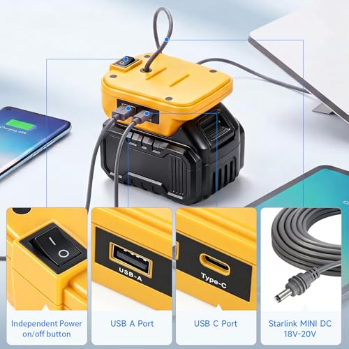 Image of Starlink Mini Battery Adapter Compatible with DeWalt 20V & Milwaukee 18V Lithium Battery, with Built-in Low Voltage Cut-off, Dual USB Ports & 3.28ft Power Cord, Ideal for Off-Grid RV Camping