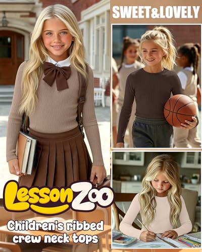 Image of 4 Pack Girls Long Sleeve Shirts Ribbed Knit Cotton Crewneck Tops Slim Fit Soft Casual Kids Base Layer Undershirts