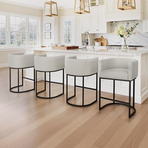 Image of LUE BONA Counter Height Bar Stools Set of 4, Modern Barrel Counter Stools with Backrest and Arms, Black Metal Frames, Linen Fabric Upholstered Accent Barstools for Kitchen Island, Light Gray