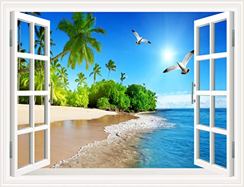 THNWSY 3D Self-Adhesive Painting Fake Window Wall Stickers Tropical Island with Palm Trees Wall Mural Window View Wall Decor for Home (17.3