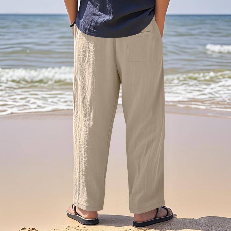Mens Casual Linen Pants Straight-Leg Elastic Waist Summer Yoga Beach Long Pants4