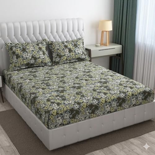 Image of Cotton Bolls Textiles Glace Cotton Flat Bedsheet 90x90 Inch with 2 Pillow Covers - Soft Breathable Glace Cotton, Printed Bedding Set for Double Bed