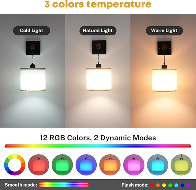 Image of Battery Operated Wall Sconces Set of 2, 8000mAh Rechargeable Sconce RGB 15 Colors Dimmable Wall Sconce Wireless Battery Powered Sconces Decor Wall Lights for Living Room Bedroom Black