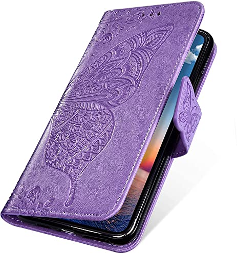 Image of ClickCase Butterfly Series for iPhone 15 Plus Leather Embossing Wallet Flip Case Kick Stand Magnetic Closure Flip Cover for iPhone 15 Plus (Purple)