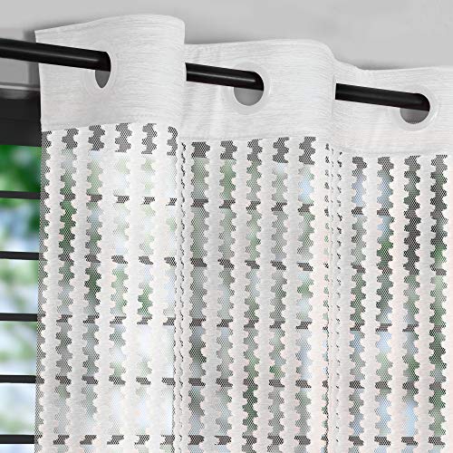 Image of Story@Home Sheer Linen Look Striped Semi Transparent Voile Grommet Elegance Window Curtains 46 x 60 Inch Long, Set of 2 Panels, White