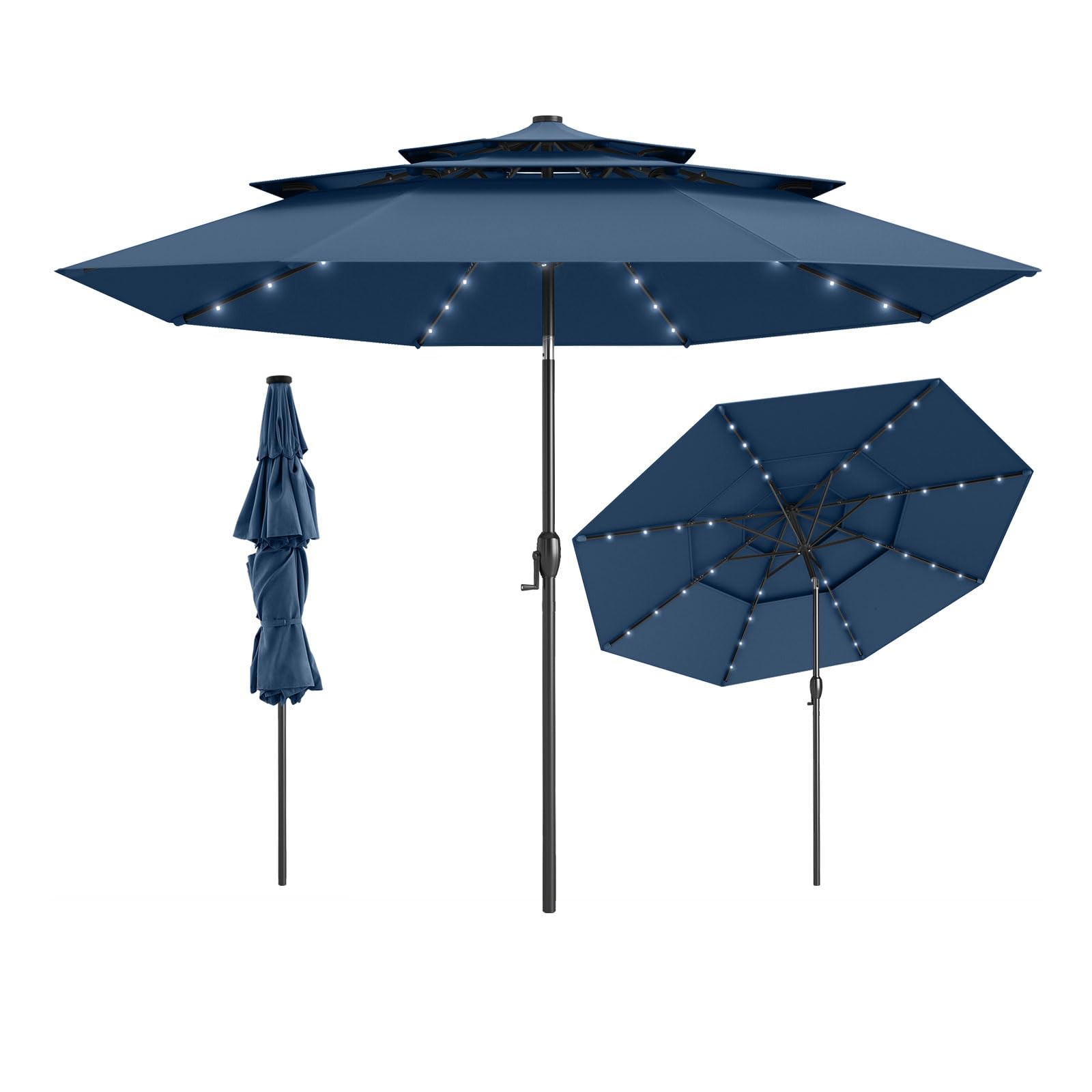 COSTWAY Ombrellone da Patio 297 cm con 32 Luci LED, Tetto Ventilato a 3 Piani, Inclinazioni Regolabili, Manovella, 8 Stecche, Ombrellone da Giardino, Piscina, Spiaggia (Blu)