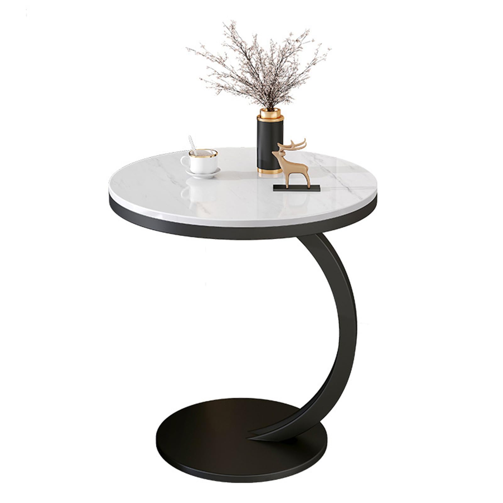 Round Sofa Side Table, Contemporary C-Shaped Coffee Table End Table, Bedside Table with Metal Frame and Faux Marble Top for Living Room Bedroom