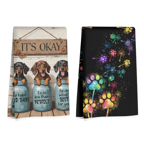 Image of 2 Pcs Dachshund Kitchen Towels 24x14 Inch, Weiner Dog Reusable Dish Towels for Kitchen Bathroom Decor, Waffle Weave Dog Paw Print Hand Cloth Tea Towel, Dachshund Gifts for Women Mom Friend