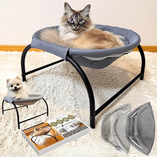 fabuon life ねこのきもち・猫びより掲載 2025年新モデル 猫 犬 置き型 ハンモック ベッド ペットベッド 大型 カバー2枚入り ファスナー式 組立簡単 洗濯可能 滑り止めシール付 工具不要 オールシーズン対応 日向ぼっこ ストレス解消 耐荷