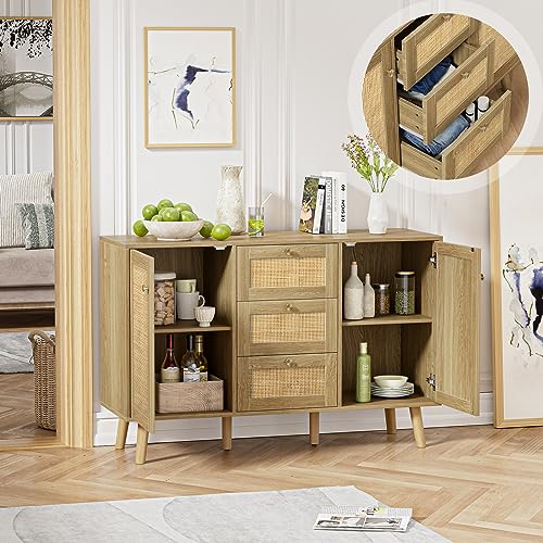 Giluta-Sideboard-Buffet-Cabinet-3-Drawers-Cabinet-with-2-Doors-Boho-Accent-Storage-Cabinet-Living-Room-Cupboard-Console-Table-with-Adjustable-Shelves-for-Kitchen - Urban Country Home Decor Giluta-Sideboard-Buffet-Cabinet-3-Drawers-Cabinet-with-2-Doors-Boho-Accent-Storage-Cabinet-Living-Room-Cupboard-Console-Table-with-Adjustable-Shelves-for-Kitchen