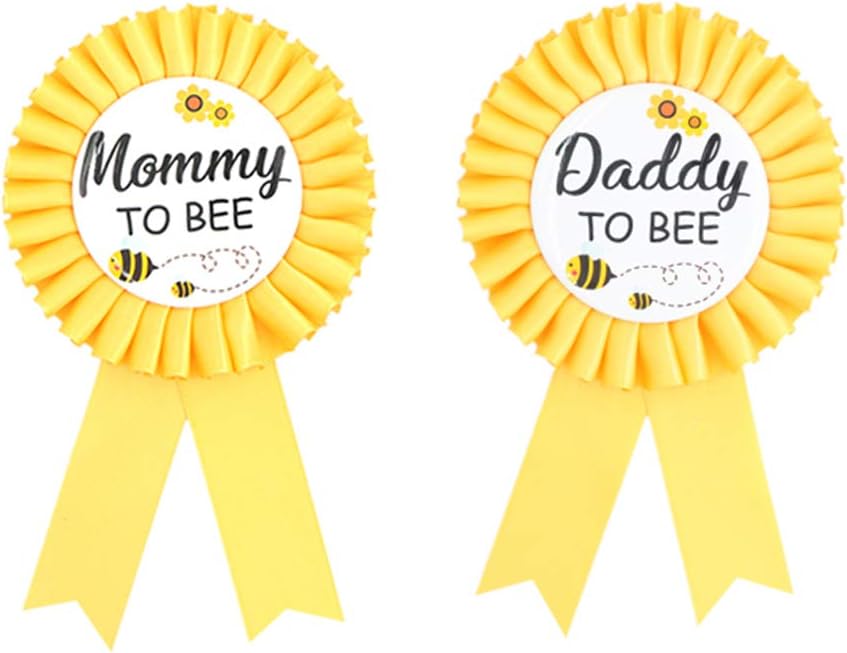 Daddy to bee & Mom to bee Tinplate Badge Pin - What Will Baby Be Baby Shower Button New Dad Gifts Gender Reveals Party Baby Bee Rosette Button Baby Celebration (Yellow)
