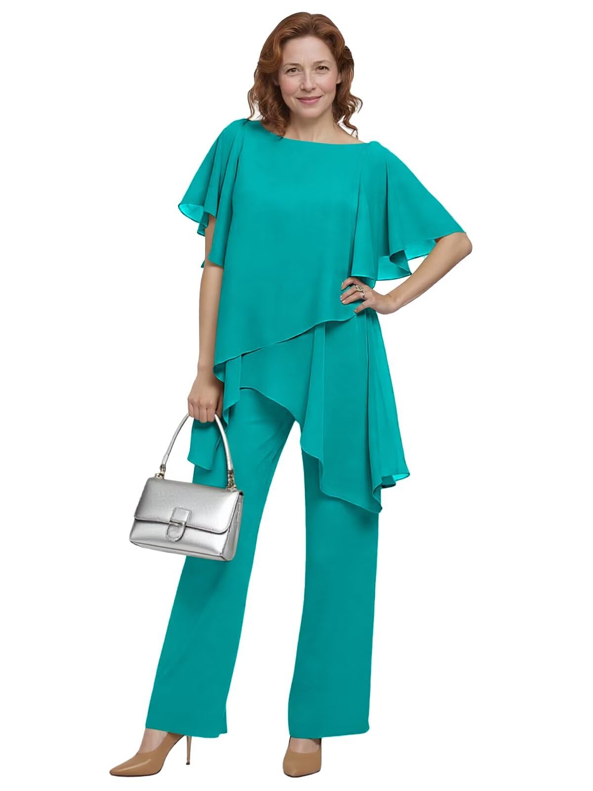 2 Piece Mother of Bride Pant Suits for Wedding Chiffon Short Sleeves Women Tiered Ruffles Formal Dressy Outfits