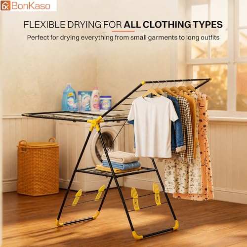 Image of BonKaso Premium Steel Foldable Cloth Dryer Stand | Heavy Duty Clothes Drying Rack with Arm Lock & Socks Holder | 147 x 60.5 x 105.5 cm | Black & Yellow