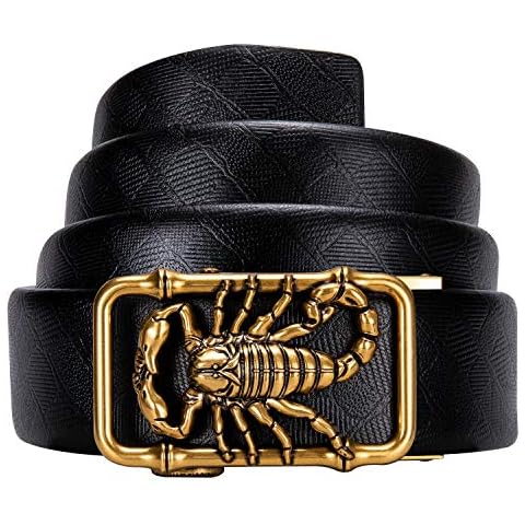 Dubulle Designer Mens Belt Gold Scorpion Autoamtic Buckle Ratchet Dress Leather Belts Adjustable Removable 1 3/8 Casual Party Cover