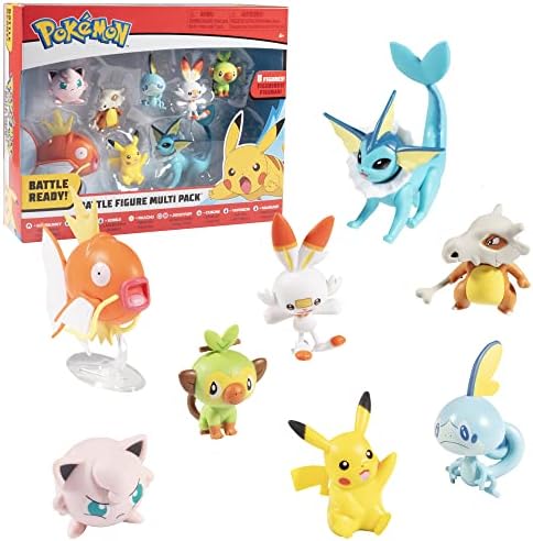 Pokemon Battle Ready! Figure Set, 8 Pieces - Playset with 2 & 3 inch Figures Pikachu, Scorbunny, Grookey, Sobble, Jigglypuff, Cubone, Vaporeon & Magikarp - Gift for Kids, Age 4+