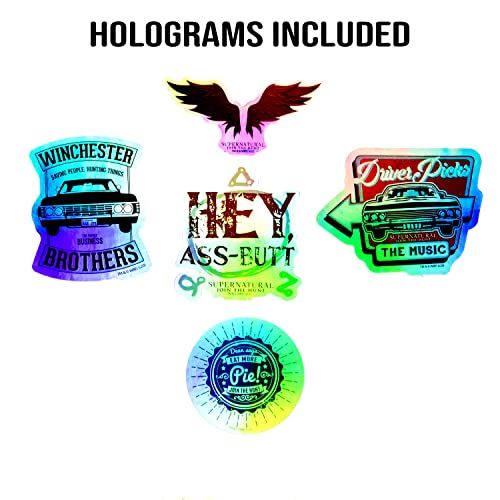 Conquest Journals Supernatural Winchester Brothers Vinyl Sticker Pack, 60 Unique Waterproof Decals, Featuring Sam, Dean, Castiel & Iconic Quotes, Includes 5 Holographic Stickers, Officially Licensed
