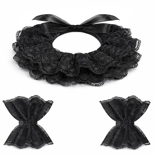 Tanganan Clown Collar Renaissance Victorian Ruffle Collar and Wrist Cuffs Set Layered Clown Choker Neck Collars Cuff for Halloween Fancy Dress Cosplay Costume (black)