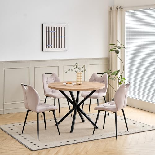 DEYARNA HOME Juego de Comedor Mesa y Sillas – Mesa de Comedor Redonda de 100 cm con 4 Sillas de Comedor (Tapizado en Tela de Lino con Asas) – Ideal para Cocina, Comedor (Madera Clara+Caqui)