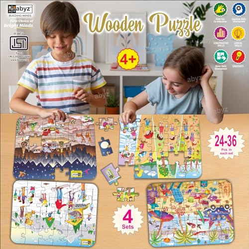 Image of ABYZ Wooden Jigsaw Snow Adventure, Seasons, The Beach House, Christmas Puzzle 120pcs for Kids of Age 3-5 Years, Set of 4