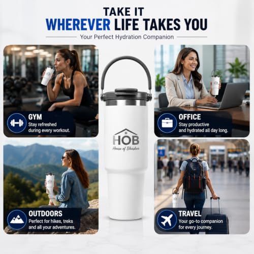 Image of House of Bhaskar 900ml Insulated Coffee Mug with Handle & Lid - Leakproof Stainless Steel Vacuum Travel Mug, Hot 8 Hrs & Cold 12 Hrs, Ideal for Gym, Office, Car & Travel (White)