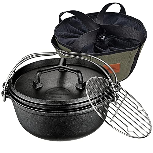 Juego de 5 ollas de Hierro Fundido precuradas para Camping con Olla de 4,5 Cuartos, Tapa, sartén de 28 cm, Malla de Acero Inoxidable y Bolsa de Almacenamiento.